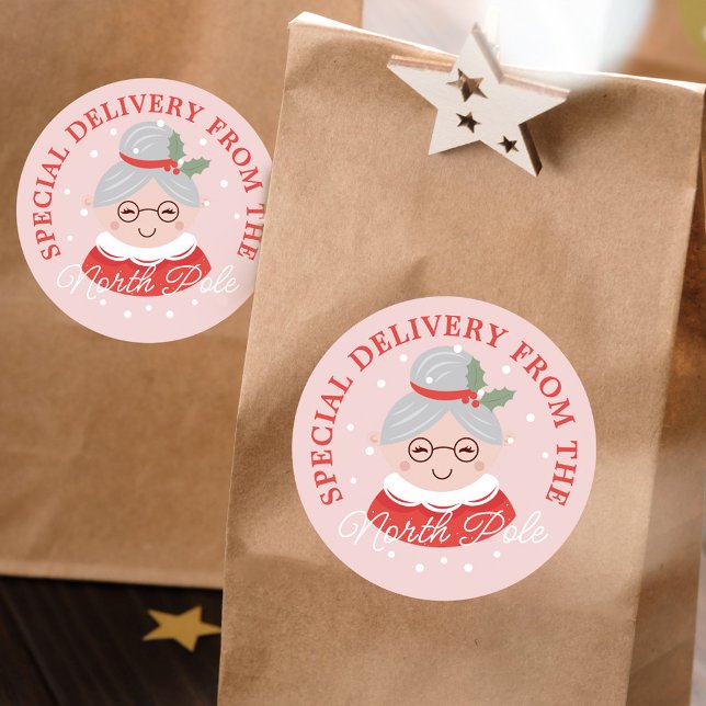 Sonderlieferung von Frau Claus am Nordpol Runder Aufkleber (Special Delivery From The North Pole Mrs. Claus Classic Round Sticker)