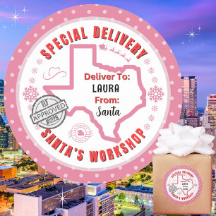 Sonderlieferung von Santa an Child in Texas Pink Runder Aufkleber