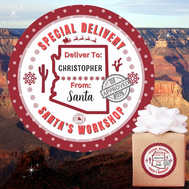 Sonderlieferung von Santa bis Kind in Arizona Runder Aufkleber (Recommend 3"/Matte for handwritten names. Merry Christmas!)