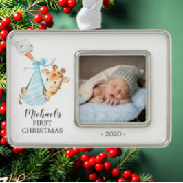 Sonderversand Giraffe Erstes Weihnachtsfest Foto Rahmen-Ornament Silber