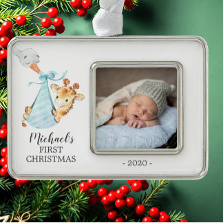 Sonderversand Giraffe Erstes Weihnachtsfest Foto Rahmen-Ornament Silber