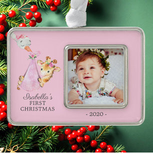 Sonderversand Giraffe Erstes Weihnachtsfest Foto Rahmen-Ornament Silber