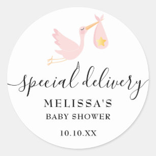 Sonderzustellung Storch Mädchen Pink Baby Shower Runder Aufkleber