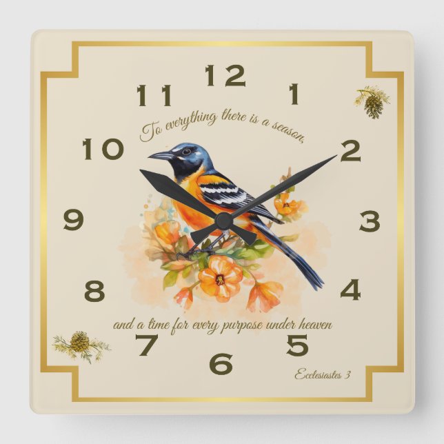 Song Bird Oriole Ecclesiastes 3 Quadratische Wanduhr (Vorderseite)