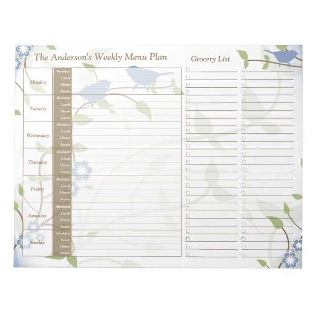 Song Birds Floral Weekekly Personalisiert Meal Pla Notizblock (Vorderseite)