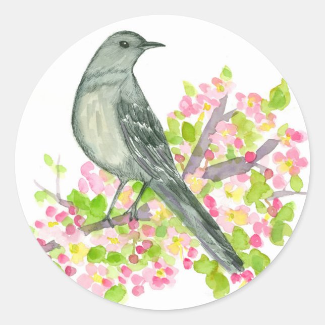 Songbird Apple Blossom Wasserfarben Blume Runder Aufkleber (Vorderseite)