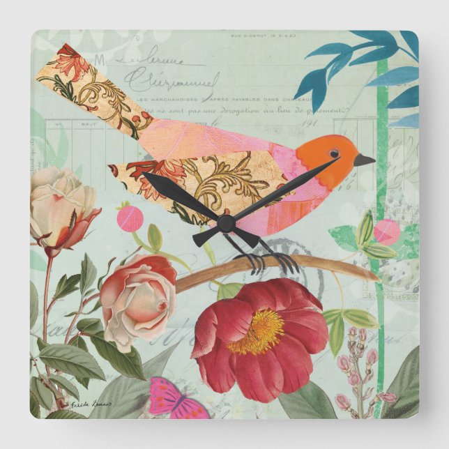 Songbird im Collage-Stil Quadratische Wanduhr (Vorderseite)
