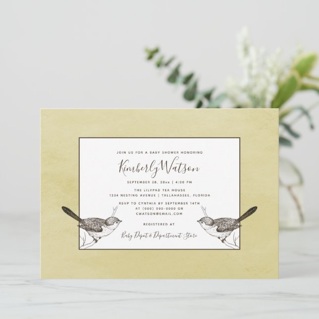 Songbird Pair Babydusche | Gelbe Aufforderung Einladung (Stehend Vorderseite)