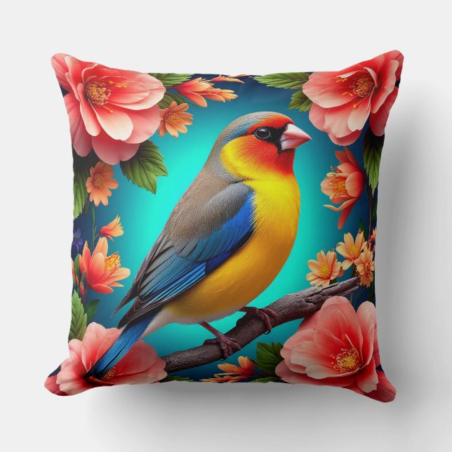 Songbird Perched Amid Bright Blume Kissen (Vorderseite)