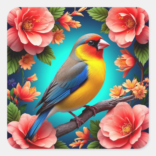 Songbird Perched Amid Bright Blume Quadratischer Aufkleber (Vorderseite)
