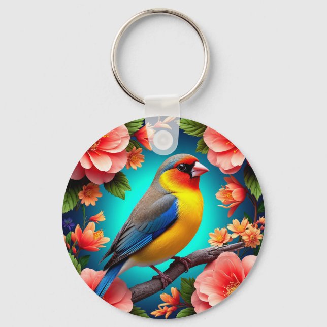 Songbird Perched Amid Bright Blume Schlüsselanhänger (Vorderseite)