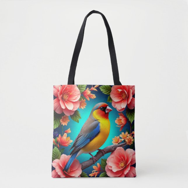 Songbird Perched Amid Bright Blume Tasche (Vorderseite)