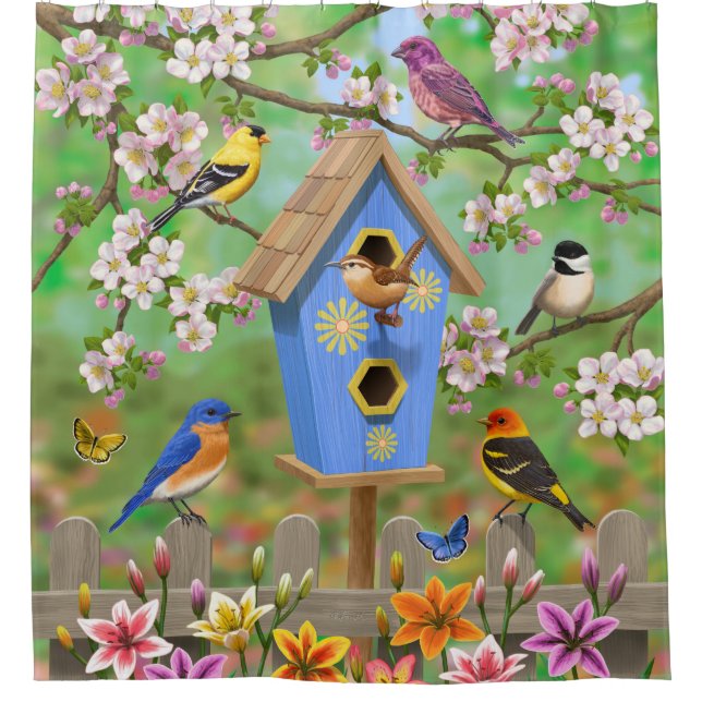 Songbirds Lily Garden Birdhouse Duschvorhang (Vorderseite)