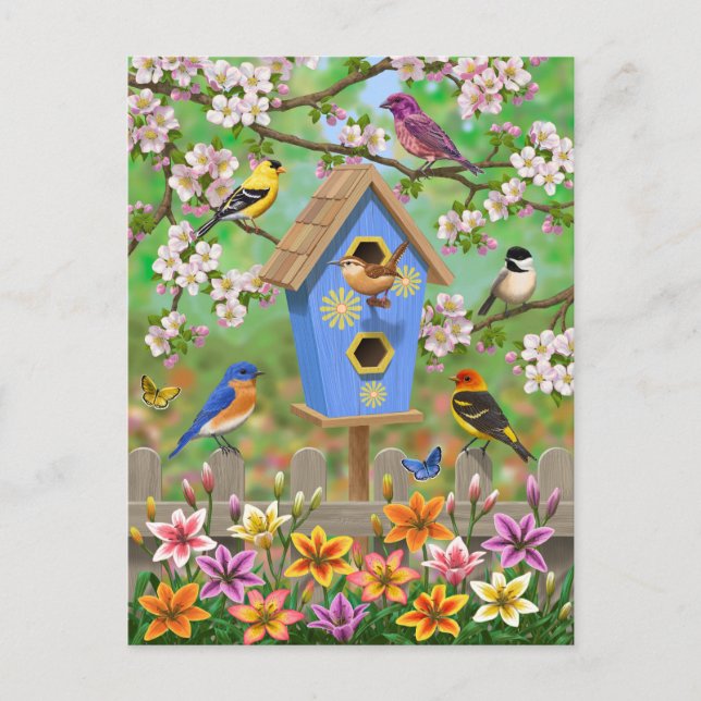 Songbirds Lily Garden Birdhouse Postkarte (Vorderseite)