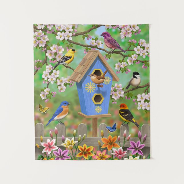 Songbirds Lily Garden Birdhouse Wandteppich (Vorderseite)