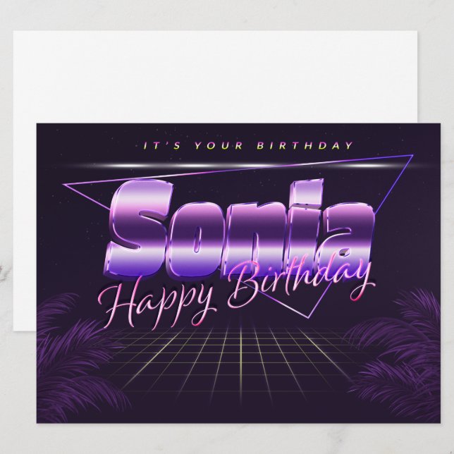 Sonia prénom carte rétro lilas pour anniversaire (Devant / Derrière)