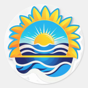 Sonne Aufgang Über Ozeanwellen Emblem Runder Aufkleber
