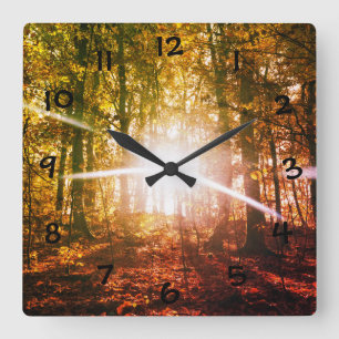 Sonne im Herbstwald Quadratische Wanduhr