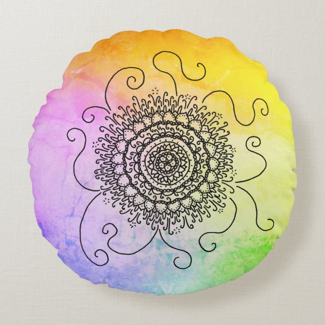 Sonne Mandala Rundes Kissen (Vorderseite)