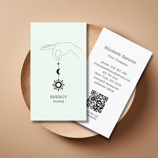 Sonne Mond Grün QR-Code Visitenkarte (Green Hand Sun Moon Illustration QR Code Business Card. Modern Whimsical. )