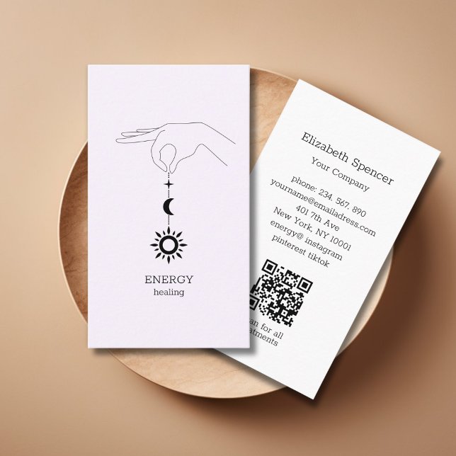 Sonne Mond Licht Lila QR-Code Visitenkarte (Light Purple Hand Sun Moon Illustration QR Code Business Card. Modern Whimsical. )