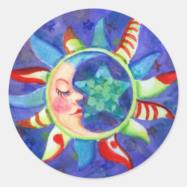 SONNE, MOND & STARS VON SHARON SHARPE RUNDER AUFKLEBER (Vorderseite)