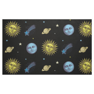 Sonne Mond Sterne Retro-Holzschnitt-Stil Himmels K Stoff