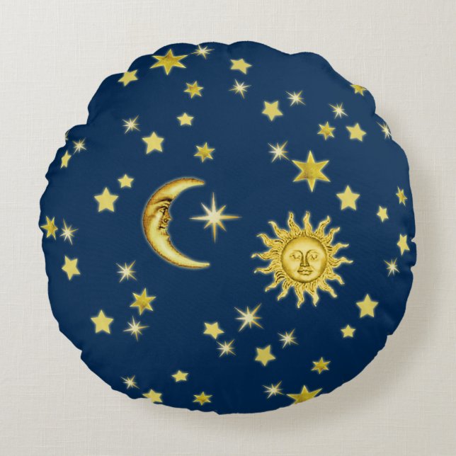 Sonne, Mond und Sterne Rundes Kissen (Vorderseite)