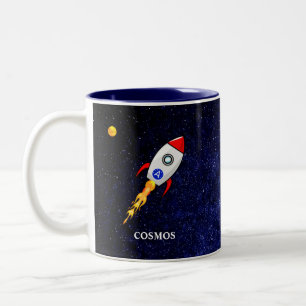 Sonne, Planet Erde und Weltraumrakete in der Galax Zweifarbige Tasse