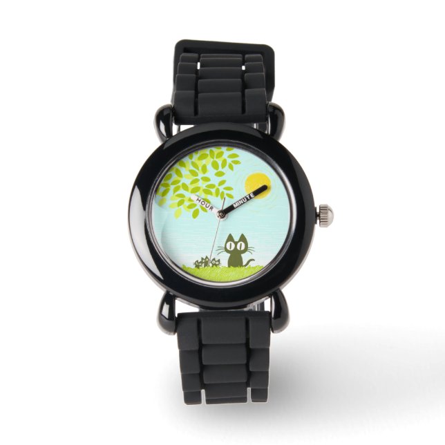 Sonne und Blätter und Schwarze Katze Armbanduhr (Vorderseite)