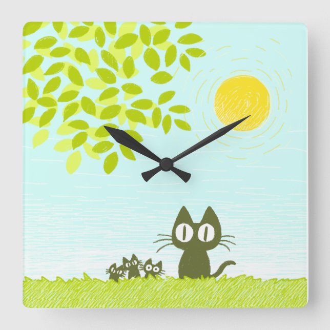 Sonne und Blätter und Schwarze Katze Quadratische Wanduhr (Vorderseite)