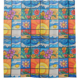 Sonne und Blume auf dem Mosaik Duschvorhang