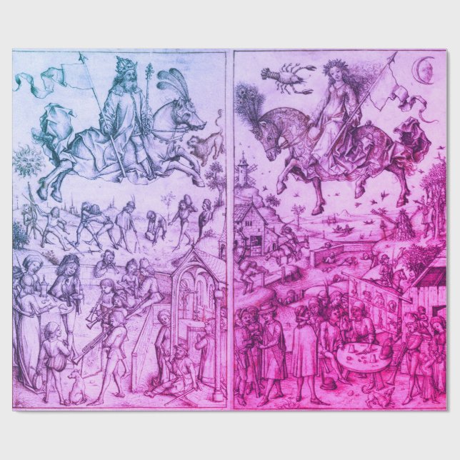 SONNE UND MOND Antike Blaue Lila Astrologie Zeichn Geschenkpapier (Flach)