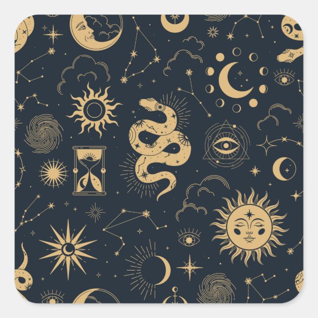 Sonne und Mond - Astronomie Hexe Quadratischer Aufkleber (Vorderseite)