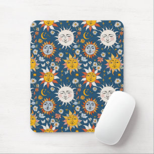 Sonne und Mond Floral in Blau und Gelb Mousepad
