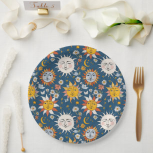 Sonne und Mond Floral in Blau und Gelb Pappteller