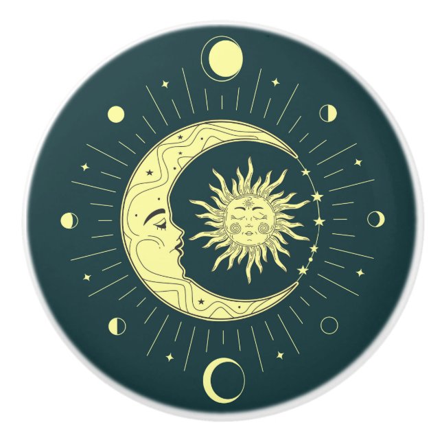 Sonne und Mond Himmelsdesign mit Mondphasen Keramikknauf (Vorderseite)