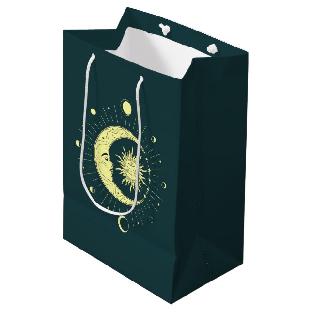 Sonne und Mond Himmelsdesign mit Mondphasen Mittlere Geschenktüte (Vorderseite Schrägansicht)