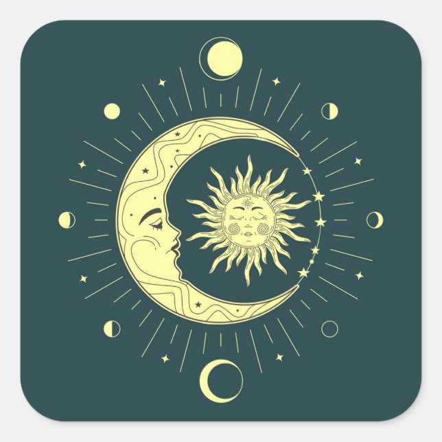 Sonne und Mond Himmelsdesign mit Mondphasen Quadratischer Aufkleber (Vorderseite)