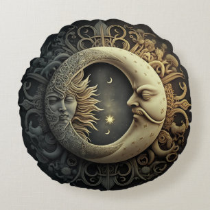 Sonne und Mond im Vintage-Design Rundes Kissen