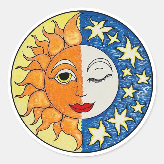 Sonne und Mond zusammen Runder Aufkleber (Vorderseite)