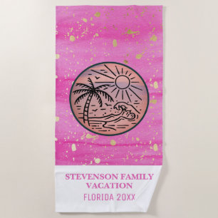 Sonne und Spaß Familienurlaub Palme Tree Rosa Gold Strandtuch