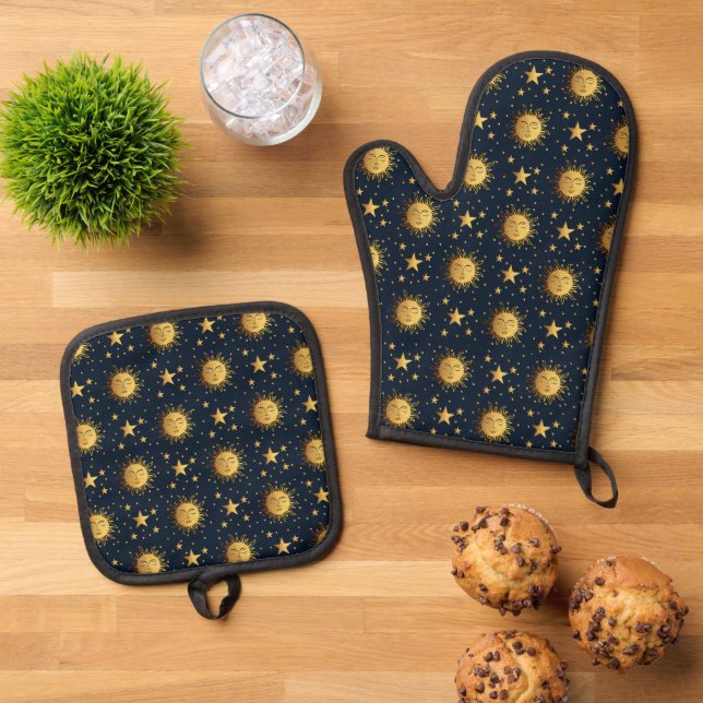 Sonne und Sterne Ofenhandschuh & Topflappen-Set (Oben Unten)
