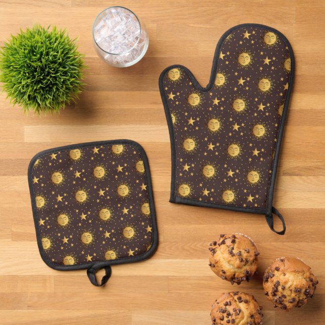 Sonne und Sterne Ofenhandschuh & Topflappen-Set (Oben Unten)