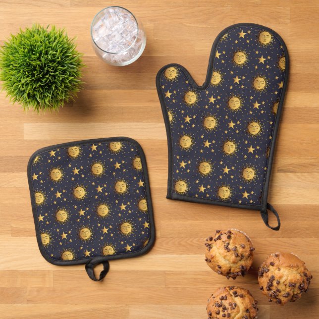 Sonne und Sterne Ofenhandschuh & Topflappen-Set (Oben Unten)