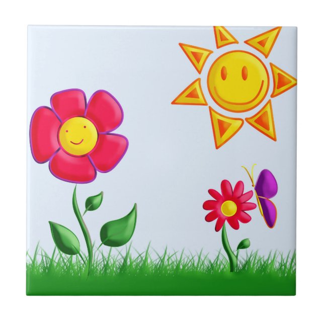 Sonnen Garten Illustration Fliese (Vorderseite)