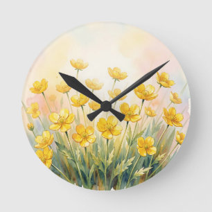 Sonnen-Gelbe Wildblumen-Wasserfarbe Runde Wanduhr