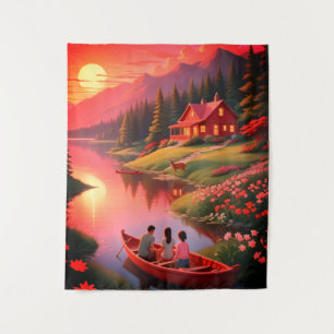 Sonnenanbetung mit einem See und Hütte-0000 Wandteppich