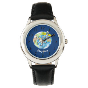 Sonnenastronaut im Weltraum und Cartoon der Erde Armbanduhr