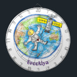 Sonnenastronaut im Weltraum und Cartoon der Erde Dartscheibe<br><div class="desc">Ein niedliches Raumdesign mit einem Astronauten und Satelliten,  die die Erde umkreisen. Viel Spaß für den Star-Entdecker!</div>